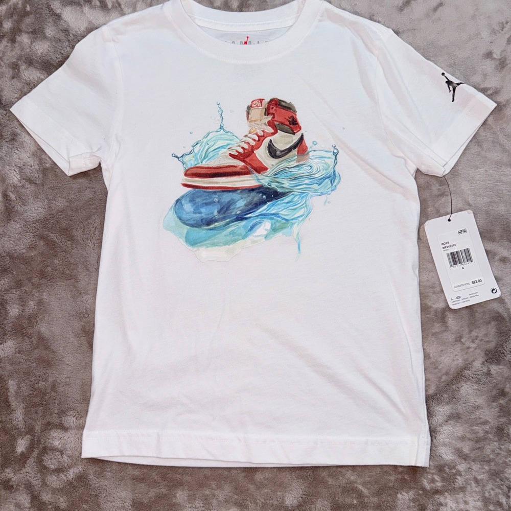 Jordan‎ T-Shirt Boys Size 6 White New Graphic Air Jordan 1 Splash